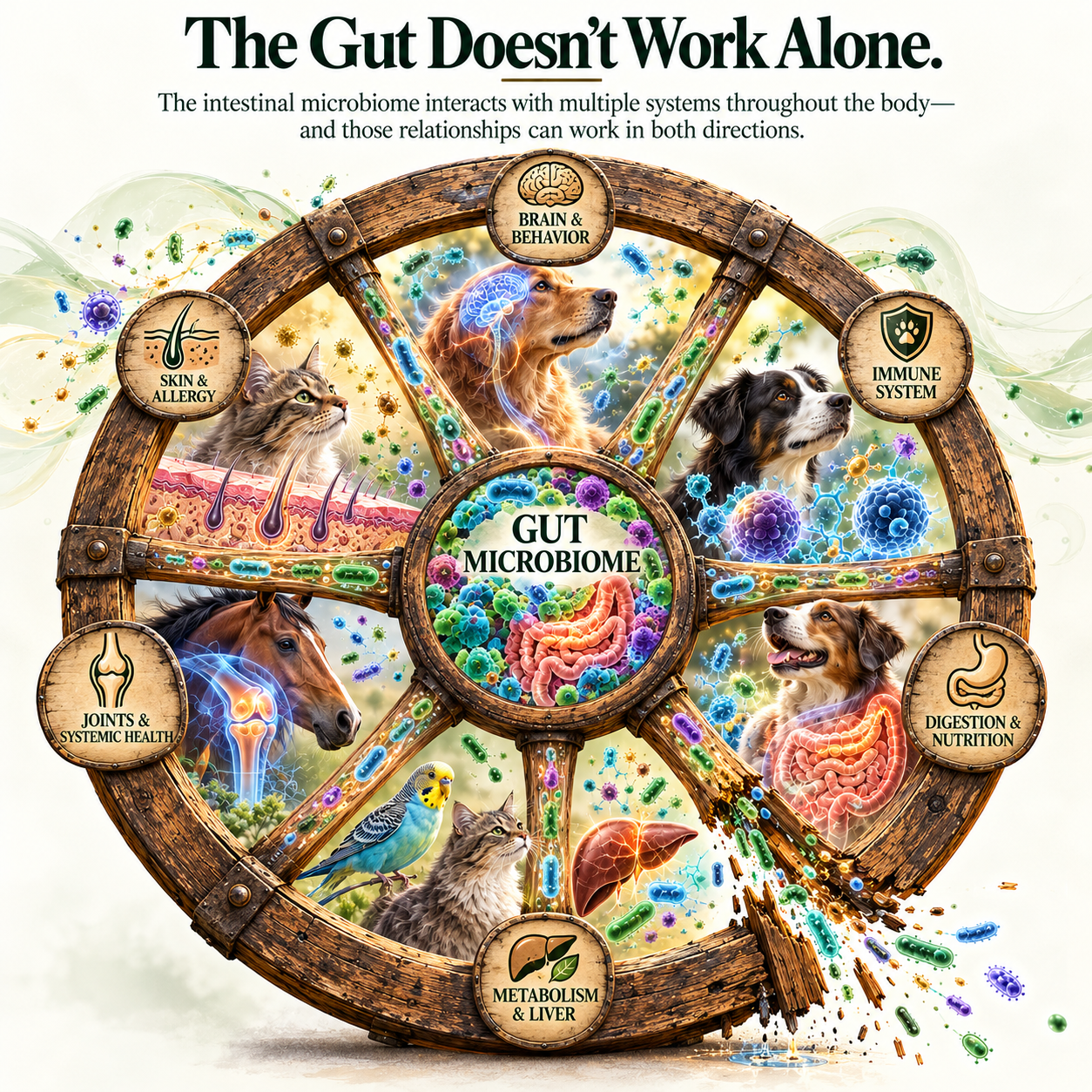 Approved microbiome wagon wheel showing six connections with the gut ecosystem