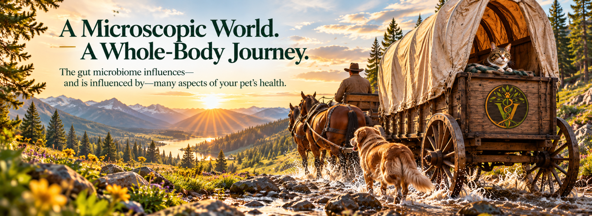 Pioneer wagon journey through a microscopic ecosystem with dogs and cats