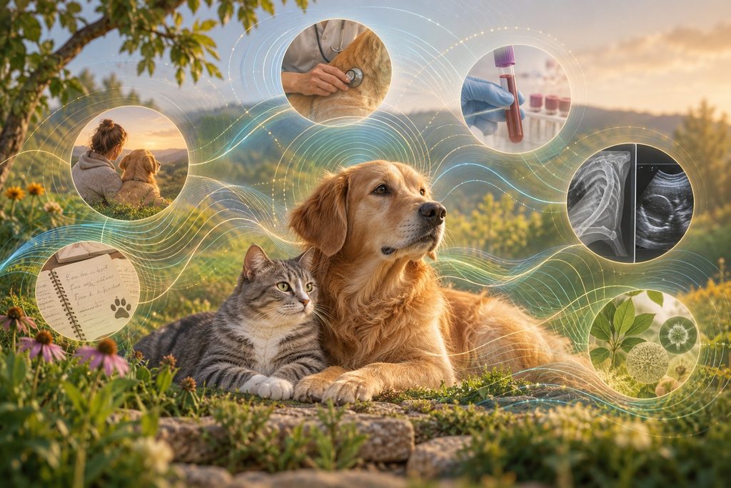 Bioresonance illustration with a dog, cat, veterinarian, pet parent, and frequency ribbons