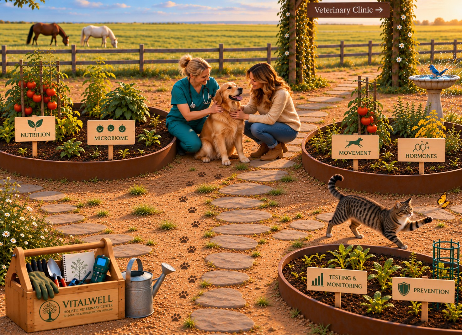 A veterinarian and pet parent tend a health garden representing nutrition, microbiome, movement, hormones, testing, and prevention